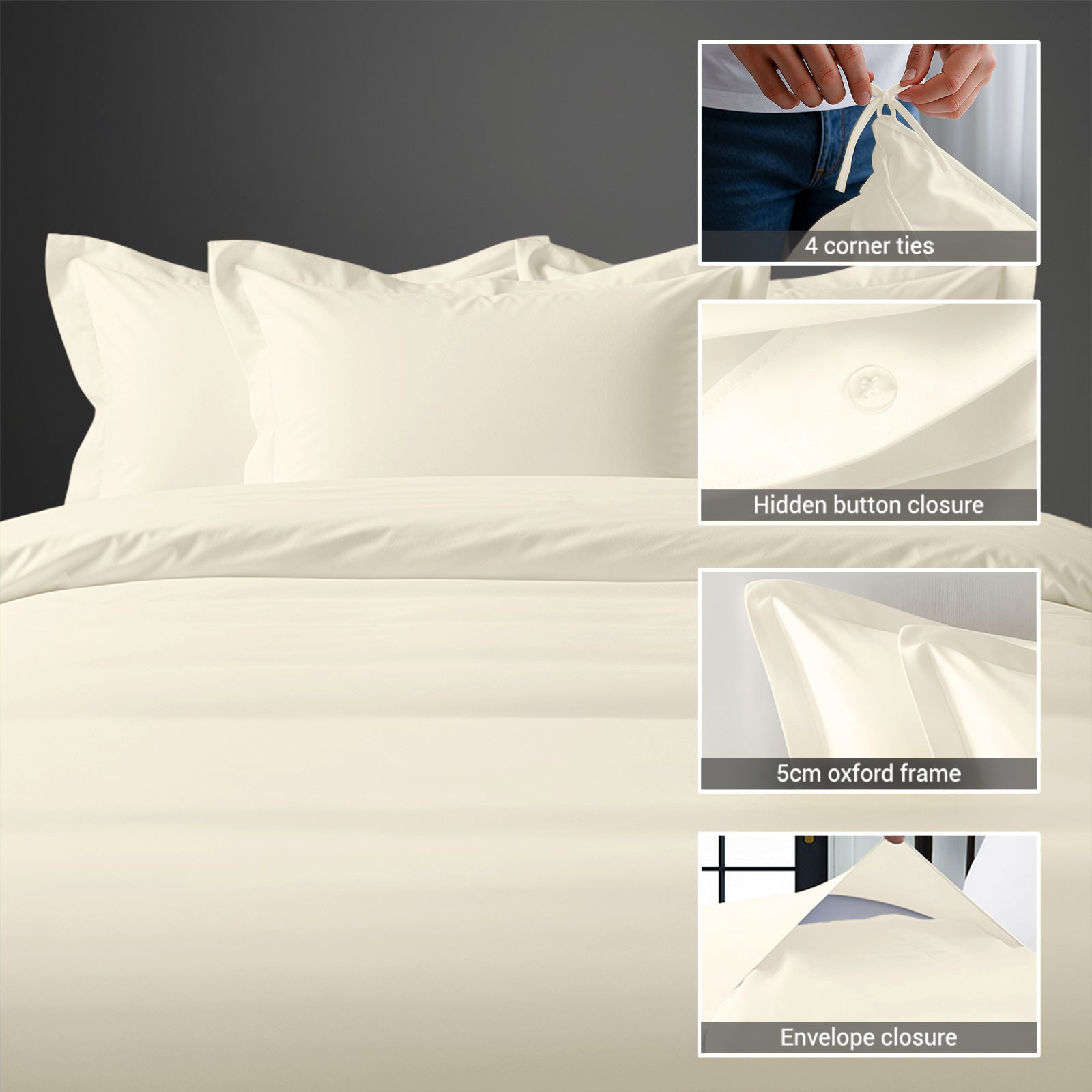 Pizuna Linens super king size cotton duvet cover with hidden button closure corner ties and Oxford pillowcases